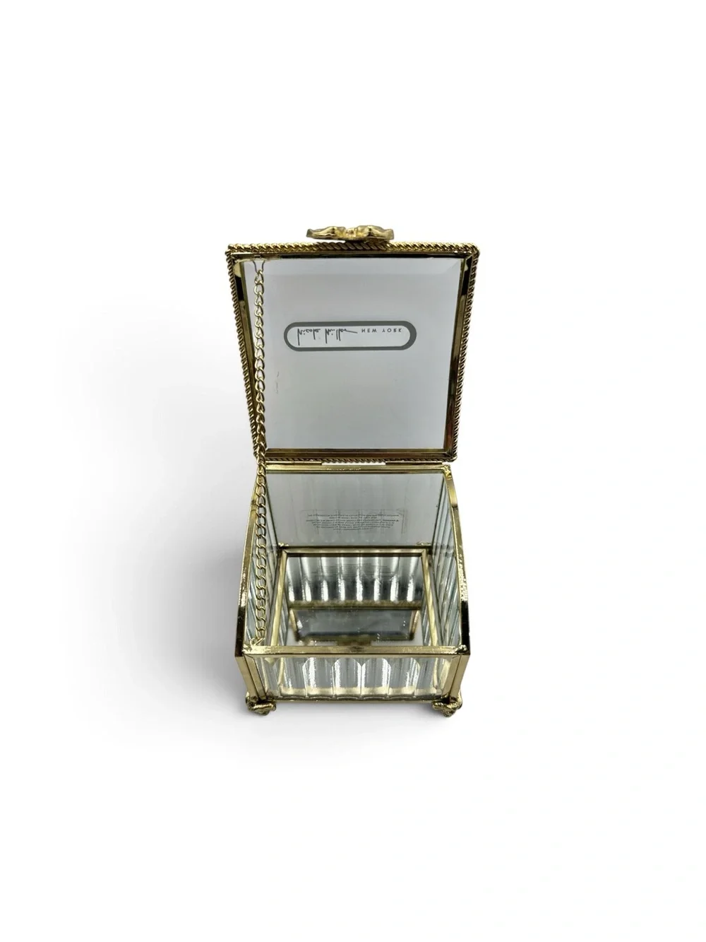 Nicole Miller New York Glass Gold Bow Jewelry Casket Trinket Box Coquette